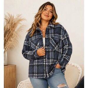 Cozy Plaid Shacket Button Front 2X (20W-22W) New NWT Charcoal Cinder Blue White
